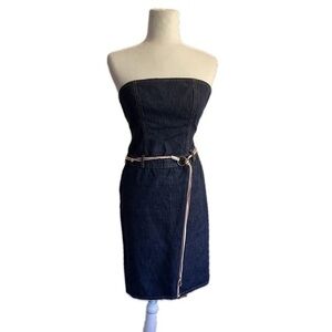 Y2K J. Crew Dark Denim Strapless Mini Dress Belted 2000s Retro Womens Size 2